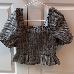 English Factory Gray Plaid Smocked Blouse